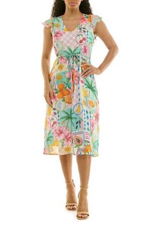 Nina Leonard V-Neck Sleeveless Fit & Flare Dress in Mint Multi at Nordstrom Rack, Size X-Large