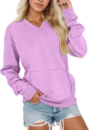 Generic Womens V-Neck Sweatshirt with Kangaroo Pocket Long Sleeve Oversized Long Sleeve Pullover Tops Solid Color Fall Winter Tops Casual Plain Tunics Jumpers