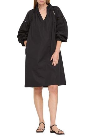 Lafayette 148 New York Soutache Trim Long Sleeve Organic Cotton Poplin Popover Dress in Black at Nordstrom, Size Xx-Small