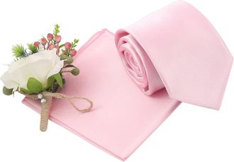 DQT Plain Glossy Satin Polyester Wedding Classic Neck Tie and Pocket Square Set for Men in Baby Pink