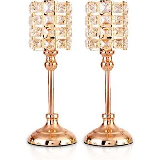 OEM Candelabros De Cristal Color Oro, Juego De 2, Cilindros Met&aacute;licos Para Velas Peque&ntilde;as, Candelabros De Lujo, 29,5 Cm De Alto, Portavelas, Adornos Para 