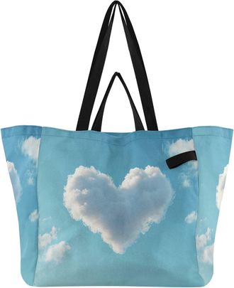 Generic White Heart Cloud Sky pattern Reusable Canvas Tote Bag, Heavy Duty Grocery Shopping Bag with Large Capacity Hard Bottom Double Handles Work Groceries 