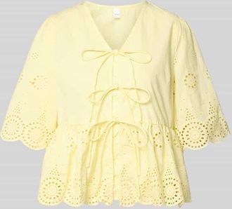 Vero Moda Bluse mit Lochstickerei und Schn&uuml;rung Modell CORNELIA in GELB, Gr&ouml;&szlig;e 34