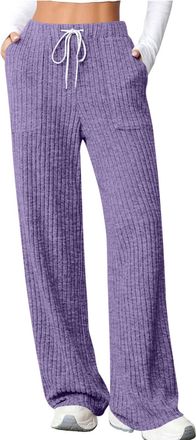 Generic Women Ribbed Knitted Wide Leg Trousers Baggy Lounge Jogging Sweatpants Elastic Waisted Drawstring Straight Leg Tracksuit Bottoms with Pockets Casual S