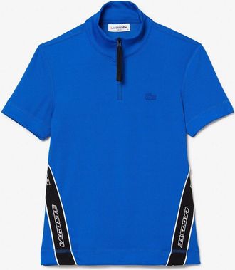 Lacoste Womens Ribbed Collar Zip Neck Short Sleeve Polo Shirt in Marina - Blue - Size 16 UK