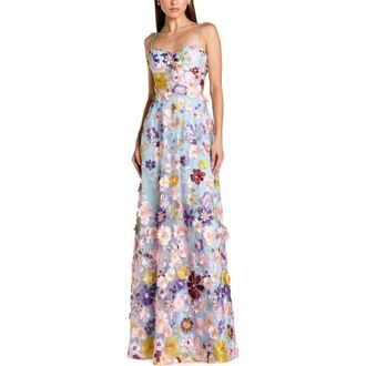 Mac Duggal Spaghetti Strap Floral Embroidered A-Line Gown in Powder Blue Multi at Nordstrom, Size 10
