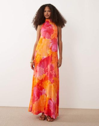 Nobody's Child Nala - Vestito lungo da cerimonia accollato senza maniche con fiocco sul retro arancione a fiori