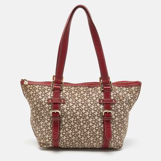 DKNY Dkny Beige/red Signature Canvas And Leather Zip Tote