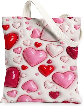 Generic ValentineS Hearts Canvas Tote Bags, Romantic Love Pattern Reusable Grocery Bags, Lightweight Washable Shoulder Strap, Red, 13x15 Inch