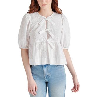 Steve Madden Paula Top Womens White Cotton Tie Front Puff Sleeve PALL610