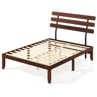 Costway Costway King Size Bed Frame Solid Wood Platform Bed w/Retro Headboard in Walnut