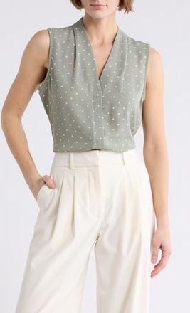 Nordstrom Rack V-Neck Sleeveless Woven Shell Top in Green Halo- Ivory Hanna Dot at Nordstrom Rack, Size X-Small