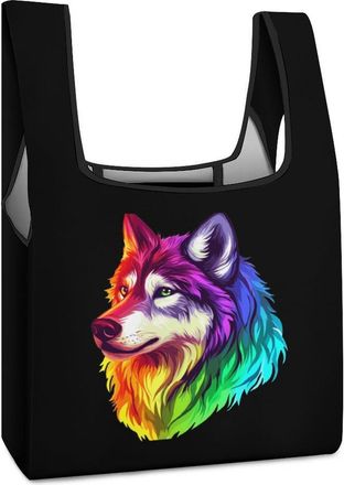 Generic Colorful LGBT Wolf Shopping Bag Reusable Grocery Tote Bag Foldable Handbag for Travel Picnic