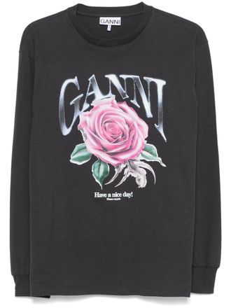 Ganni rose-prin T-shirt - women - Recycled Cotton/Organic Cotton - M - Grey