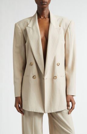 LaQuan Smith Shimmer Pinstripe Double Breasted Jacket in Sand at Nordstrom, Size Medium