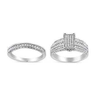 House of Brilliance 925 Sterling Silver 3/4 Cttw Prong Set Round Diamond Composite Engagement Ring and Band Set (I-J Color, I3 Clarity)