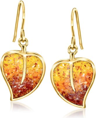 Ross-Simons Carnelian and Orange and White Shell Mosaic Leaf Drop Earrings in 18kt Gold Over Sterling