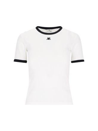 Courr&egrave;ges Logo T-Shirt, In White Cotton, Crew Neck