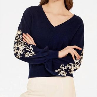 Autumn Cashmere Puff Sleeve Cashmere Sweater With Contrast Embroidery In Navy Combo