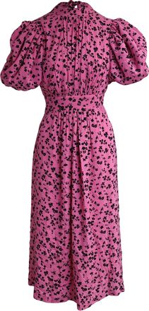 Rotate Puffed Sleeve Midi Noon Dress in Pink Floral Printed Viscose