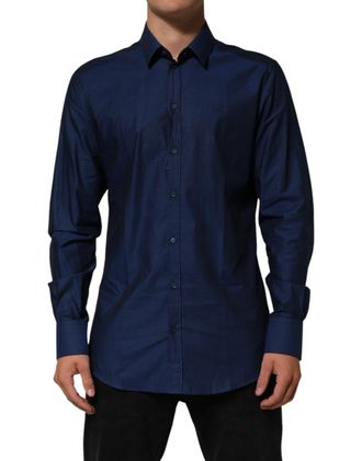 Dolce & Gabbana Blue Cotton Collared Men GOLD Dress Mens Shirt