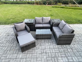 Fimous High Back Rattan Garden Furniture Set w/ Loveseat Sofa Rectangular Coffee Table 2 Side Tables Big Footstool Indoor Outdoor Patio Lounge Sofa