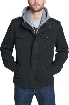 Levi's Military Jacket Mens Black Cotton Hooded Long Sleeve Full Zip GBO3968