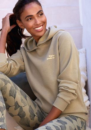 Lascana Kapuzenpullover LASCANA, Damen, Gr. 32/34, khaki, Sweatware, Obermaterial: 60% Baumwolle, 40% Polyester, bedruckt, unifarben, bequem h&uuml;ftlang, Rundhal