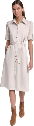 Halston Heritage Short Sleeve Suede Midi Shirt Dress in Beige at Nordstrom, Size 12
