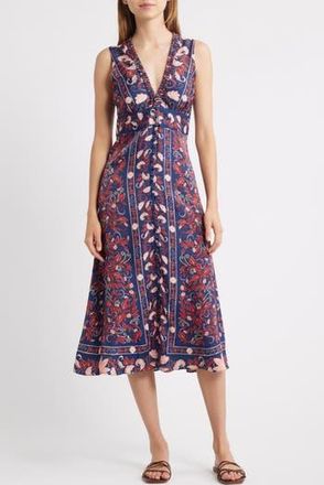 Farm Rio Boho Floral Scarf Print Sleeveless Midi Dress in Navy Blue at Nordstrom Rack, Size Xx-Small