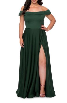 La Femme Off The Shoulder Plus Size Dress with Leg Slit in Emerald at Nordstrom, Size 16W