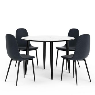 VonHaus Marble Effect Round Dining Table & 4 Chairs Set in White