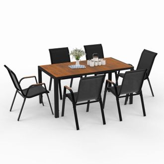 IDMarket Set di mobili da giardino NOUMEA - Tavolo da 150 cm con piano in vetro temperato effetto legno e 6 sedie impilabili in legno e n