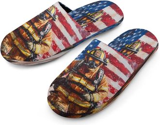 Generic Firefighter Fireman U.S. Flag Mens Flannel Slipper Soft Comfy House Shoes Non Slip Winter Warm Indoor Outdoor Slippers