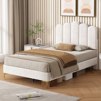 Matteo Beige Single Velvet Upholstered Bed Frame with Scalloped Tufting
