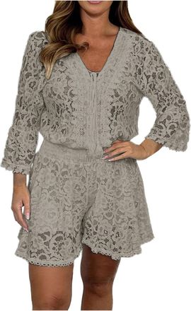 Generic Women Lace Co Ord Sets Sexy V Neck 3/4 Sleeved Top Shorts Suits Elegant Embroidery Hollow Party Outfits Holiday Outdoor Shorts Two Piece Summer Beachw