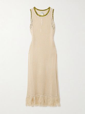 Escvdo Abito Midi In Cotone Punto A Giorno Con Frange Atuq - Avorio