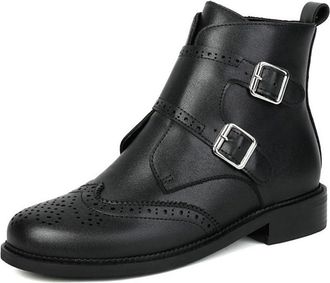 Generic Womens Buckle Straps Western Cowgirl Ankle Boots Side Zipper Round Toe Low Block Heels Perforated Brouge Wingtip Shoes (Black,7.5)