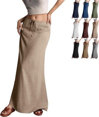 Generic Linen Maxi Skirts for Women, 2025 Summer Drawstring Waist A Line Skirts, Casual Loose Cute Vacation Long Skirts (Apricot,M)
