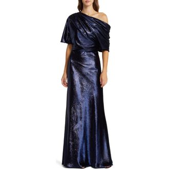 Amsale One-Shoulder Metallic Velvet Gown in Navy at Nordstrom Rack, Size 2