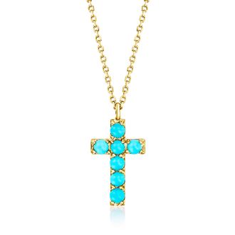 RS Pure by Ross-Simons 2mm Turquoise Cross Pendant Necklace in 14kt Yellow Gold