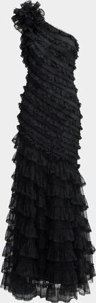 Mac Duggal One-Shoulder Mesh-Lace Trumpet Gown