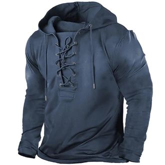 Generic Mens Lace Up Hoodie - Gothic Steampunk Outdoor Sweatshirt With Drawstring Hood, Medieval Retro Distressed Big And Tall Pullover, Gentlemen Casual Swea