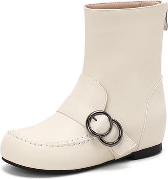 Generic Womens Round Toe Ankle Boots Metal Ring Buckle PU Leather Side Zipper Boots for Daily Casual Streetwear Office,White,5.5 UK