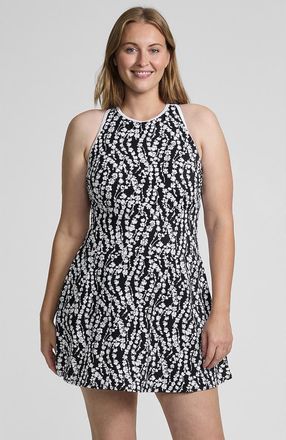 Lands End Plus Size Tugless High Neck Swim Dress Swimsuit in Black/white Vine Floral at Nordstrom, Size 18W