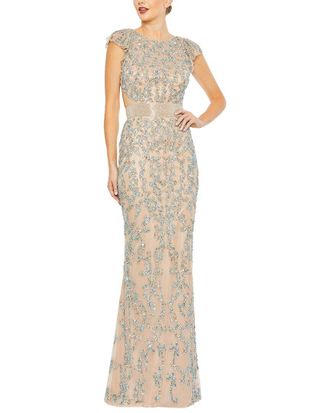Mac Duggal Beaded Mesh Cap Sleeve High Neck Column Gown