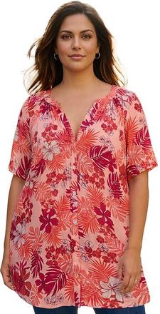 Roaman's Plus Size Angelina Crinkle Crepe Y-Neck Short Sleeve Tunic in Soft Blush Tropical Floral at Nordstrom, Size 26