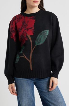 Farm Rio Rosalia Floral Jacquard Crewneck Sweater in Rosalia Placed Black at Nordstrom, Size X-Large