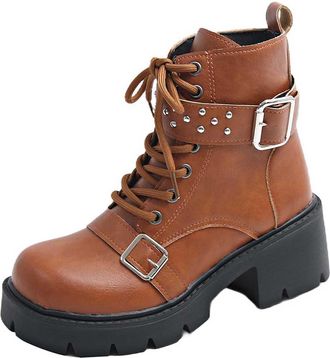 Generic Womens Ankle Boots Buckle Rivets Biker Boot Lace Up Combat Boots Wedge Riding Boot, Ladies Faux Leather Booties Platform Sole Round Toe Shoes Side Zip