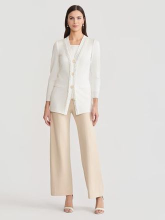 Misook Heritage Beaded Trim Flat Knit Cardigan in White at Nordstrom, Size 1X Regular